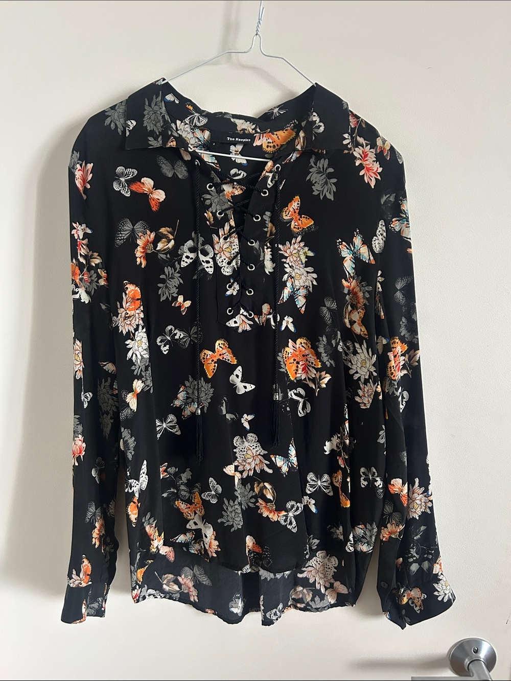 The Kooples Black Floral & Butterfly Lace-Up Shirt